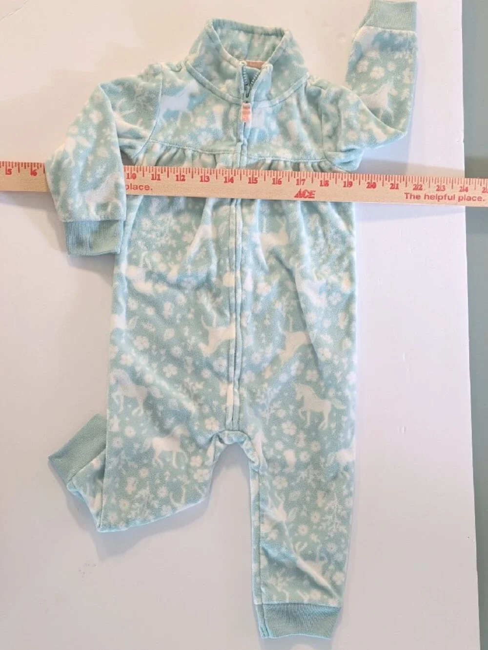 Carter's Fleece One-Piece Romper in Light Blue with White Unicorn Print